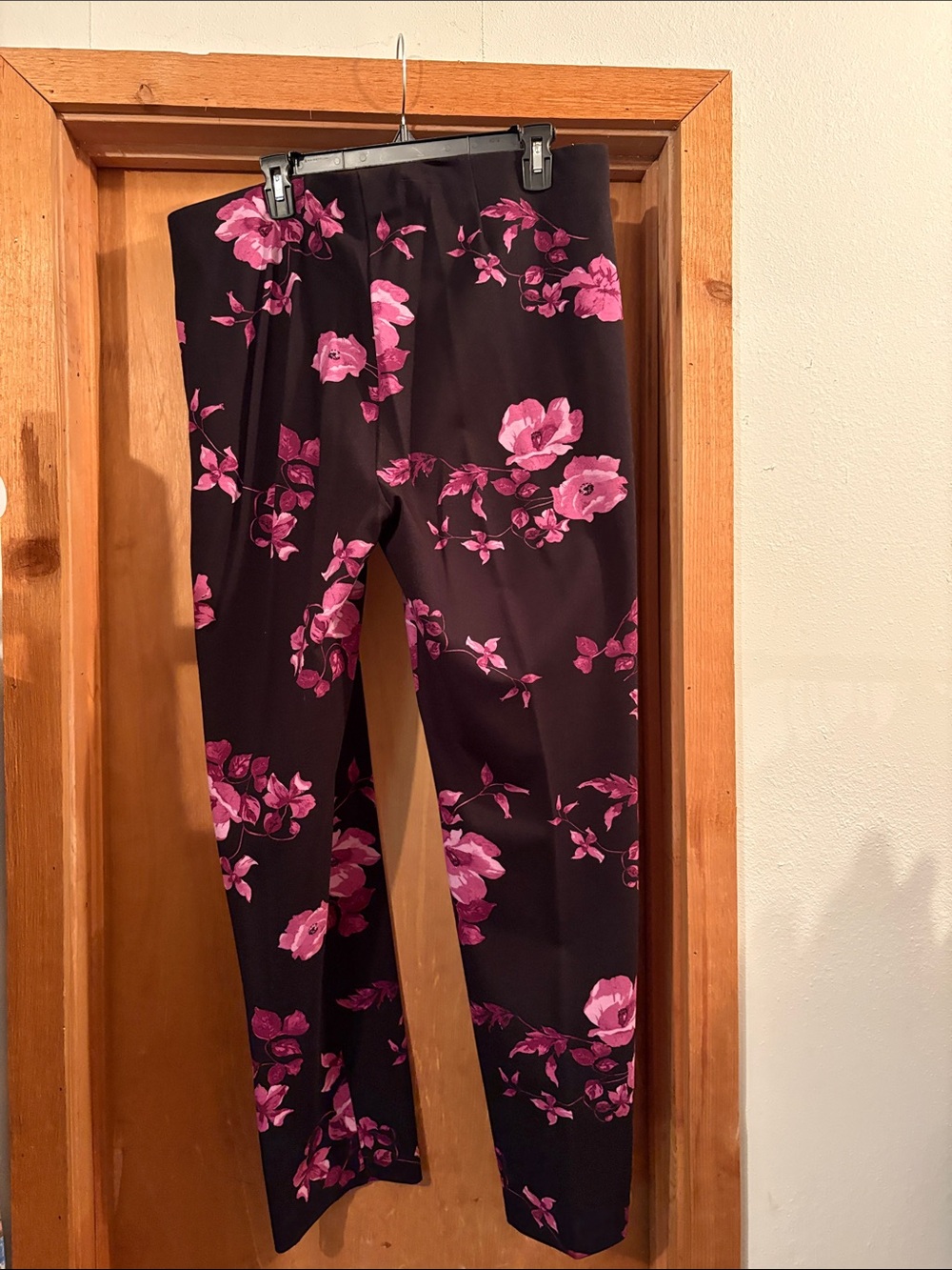 Chico's Black Straight Leg Pants with Pink Floral Print tall - Picture 2 of 2